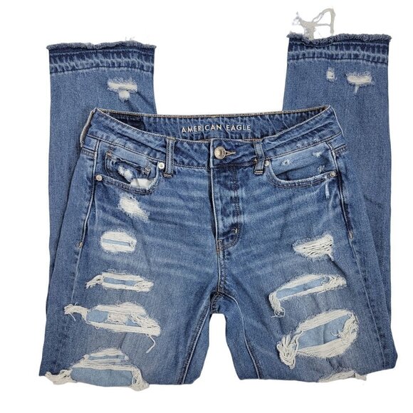 American Eagle Women's TomGirl Distressed Medium Wash Button Fly Jeans Size 4 - Picture 1 of 11